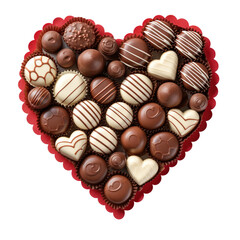 Heart shaped box with delicious chocolate candies on white background.