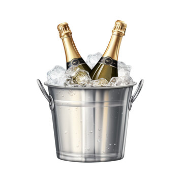 Champagne bottle in a bucket with ice on the white background