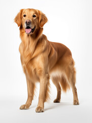 golden retriever dog standing looking at camera, isolated on all white background