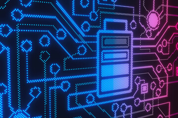 Squares emitting blue and purple neon lights and forming a coarse image of a battery connecting to an electronic circuit. Illustration of the concept of next generation batteries
