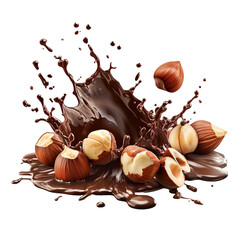 Melted chocolate splash with hazelnuts closeup on a white background - obrazy, fototapety, plakaty