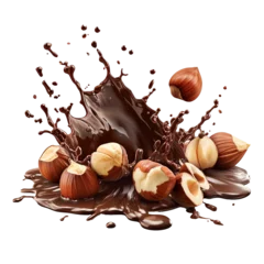 Foto op Plexiglas Melted chocolate splash with hazelnuts closeup on a white background © Ram rider