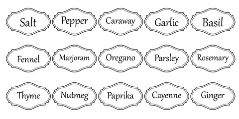 Set of vector kitchen sticker, spice pepper label, herb tag, spicy emblem, paper, salt, ginger, thyme, sugar, jar label