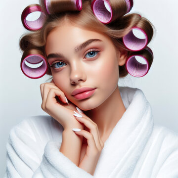 girl in a white robe with curlers on her hair on a solid white background. ai generative
