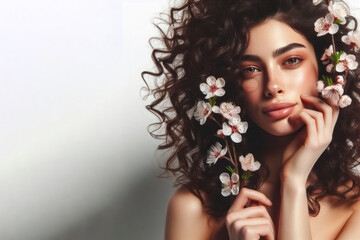 Woman with curly hair and spring blooming flowers on solid white bright background. ai generative