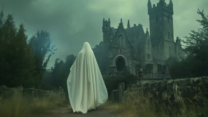 White female ghost silhouette. Beautiful scary horror scene. Mystery cloak man outside old ancient gothic castle. Creepy woman shadow. Girl spirit walk outdoor. Mysterious person stroll at cemetery.