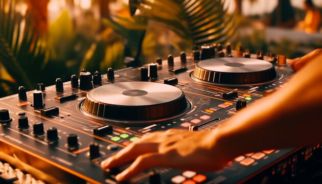 DJ is mixing music with deejay controller at outdoor summer pool or beach party - nightlife people lifestyle concept