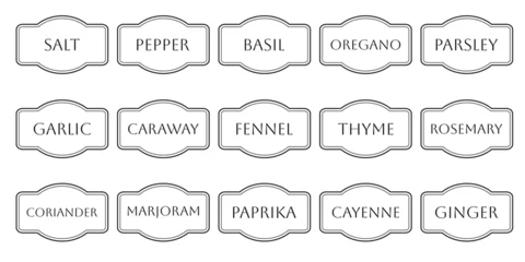 Set of vector kitchen sticker, spice pepper label, herb tag, spicy emblem, paper, salt, ginger, thyme, sugar, jar label © Alex