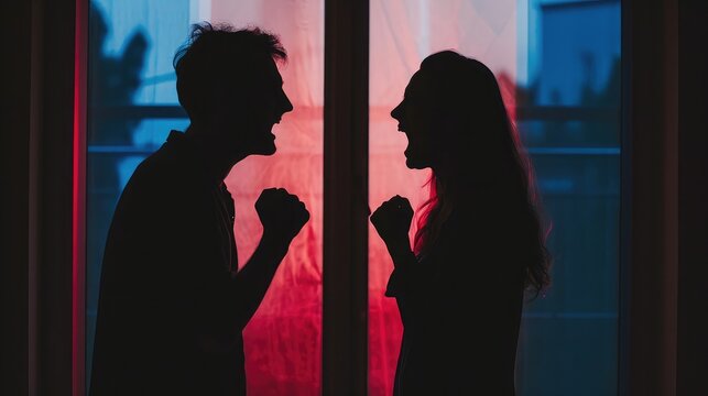 Silhouette of couple fighting each other arguing and yelling at one another Young man and woman shouting in anger Candid behind closed doors