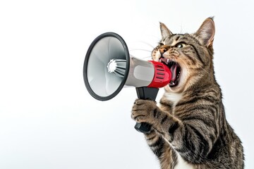 Fototapeta premium funny cat with a megaphone isolated on white background