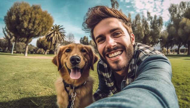 Happy young man holding dog outdoors