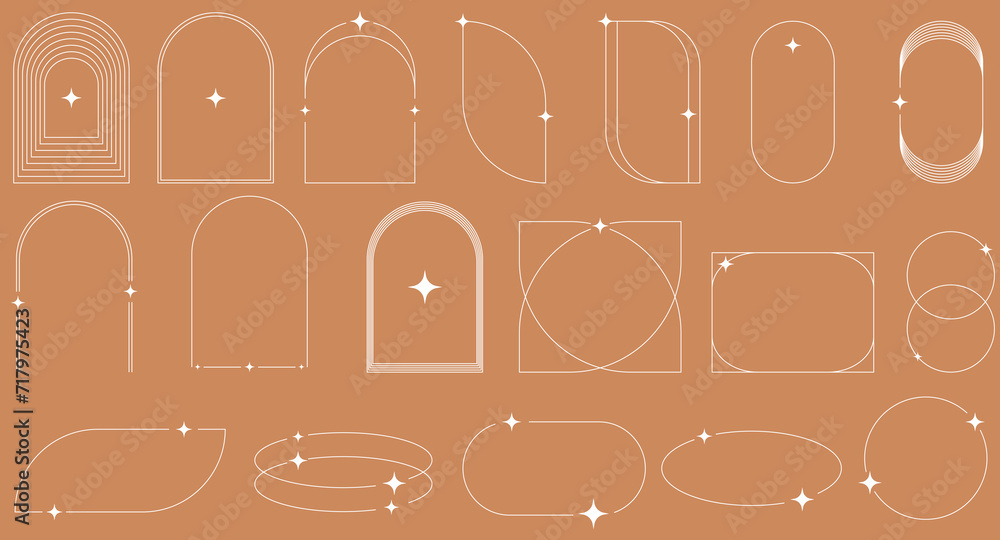 Poster Modern minimalist aesthetic linear frames. Retro stars, starburst icons and minimalist frames and borders with twinkle star. Vector trendy icons and symbol. EPS 10