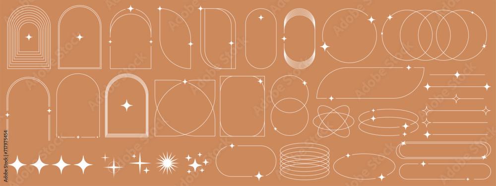 Poster Modern minimalist aesthetic linear frames. Retro stars, starburst icons and minimalist frames and borders with twinkle star. Vector trendy icons and symbol. EPS 10