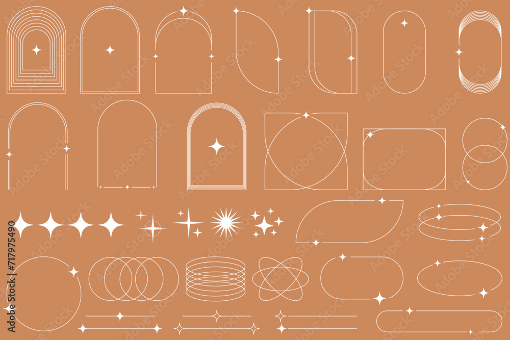 Poster Modern minimalist aesthetic linear frames. Retro stars, starburst icons and minimalist frames and borders with twinkle star. Vector trendy icons and symbol. EPS 10