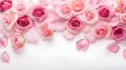 Top view of pink rose flower isolated background. empty space Wedding invitation cards. Valentine's day or mother day holiday concept  - obrazy, fototapety, plakaty