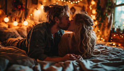 Obraz premium The couple is smiling and hugging while spending time together in bed. Selective focus