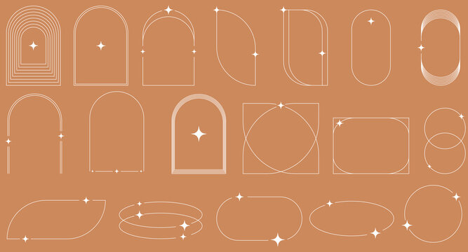 Modern minimalist aesthetic linear frames. Retro stars, starburst icons and minimalist frames and borders with twinkle star. Vector trendy icons and symbol. EPS 10