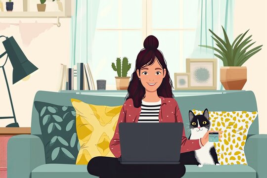 Home shopping online. young woman with credit card using laptop on couch with cat
