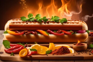 fresh hotdog or sausage sandwich with flying ingredients and spices hot ready to serve and eat food
