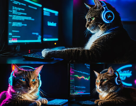 Cute cats enjoying computers through online remote connections