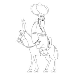 Cheerful oriental man dressed in a robe and turban rides a donkey backwards. Nasreddin Hodja. Coloring page
