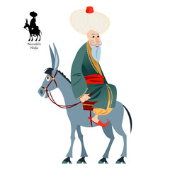 Cheerful oriental man dressed in a robe and turban rides a donkey backwards. Nasreddin Hodja. Coloring page