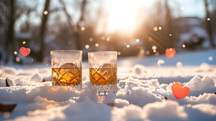 Cinematic photograph of two whisky glasses on a snowy park in winter. Sunshine Heart shaped balloons and confeti. Valentines. Love