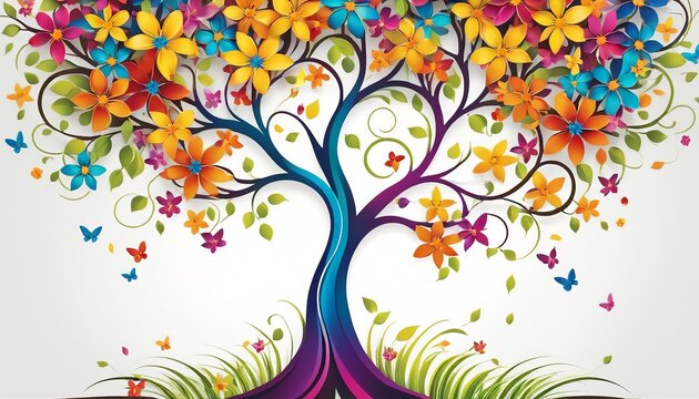 Abstract Tree with Colorful Flowers Raster Illustration
