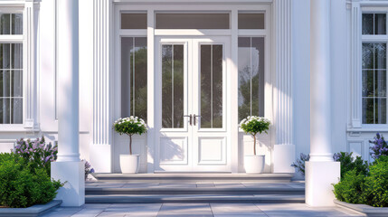 Fototapeta na wymiar Main door to the luxury house with spring decoration, beautiful elegant entrance to the house, modern and elegant door, Spring time, Mockup