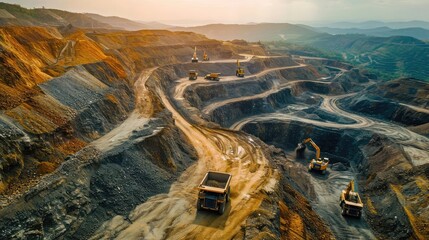 Work of trucks and the excavator in an open pit on gold mining - obrazy, fototapety, plakaty
