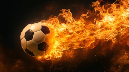 Fototapeta premium Professional Soccer ball Sports Equipment in fire flying on the black background. Horizontal Illustration. Sporting Gear Ai Generated Illustration with Active Game Soccer ball Sports Equipment.