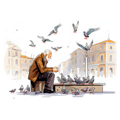 An elderly man feeding pigeons in a city square isolated on white background, doodle style, png
