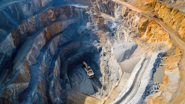 Work of trucks and the excavator in an open pit on gold mining © buraratn