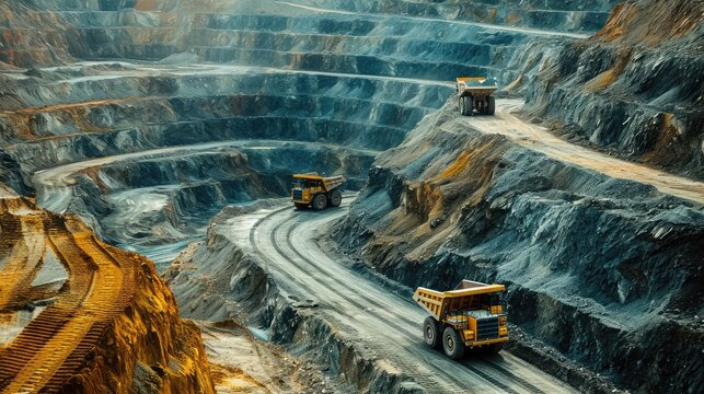 Work of trucks and the excavator in an open pit on gold mining