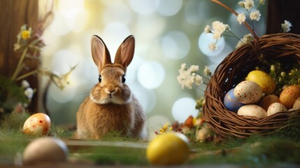 Fototapeta na wymiar Cute Easter rabbit with decorated eggs and spring flowers on spring landscape. Bunny in in the garden.