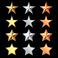 Golden, bronze, silver glossy metallic stars 3d realistic style. Leadership, game award, customer feedback symbol vector illustration isolated on black background