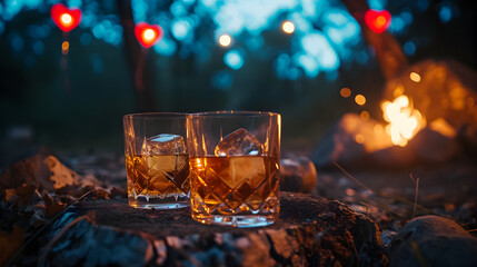 Cinematic photograph of two whisky glasses by a firepit in a camp site. Moonlight. Stars.Heart shaped balloons and confeti. Valentines. Love