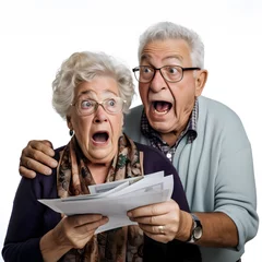 Fotobehang Elderly couple looking at expensive medical bills isolated on white background, cinematic, png  © Никита Жуковец