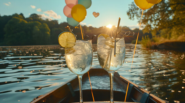 Cinematic photograph of two gin tonic sparkling cocktail with lime  on a rowing boat in a lake.  Heart shaped balloons and confeti. Valentines. Love
