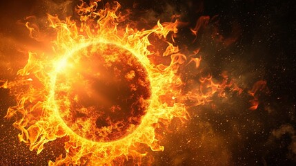 Bright Sun Ecology Symbol in fire flying on the black background. Horizontal Illustration. Environment and Planet Saving. Ai Generated Illustration with Sustainable Green Sun Ecology Symbol.