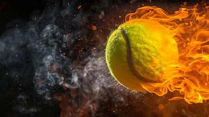 Professional Tennis ball Sports Equipment in fire flying on the black background. Horizontal Illustration. Sporting Gear Ai Generated Illustration with Active Game Tennis ball Sports Equipment.