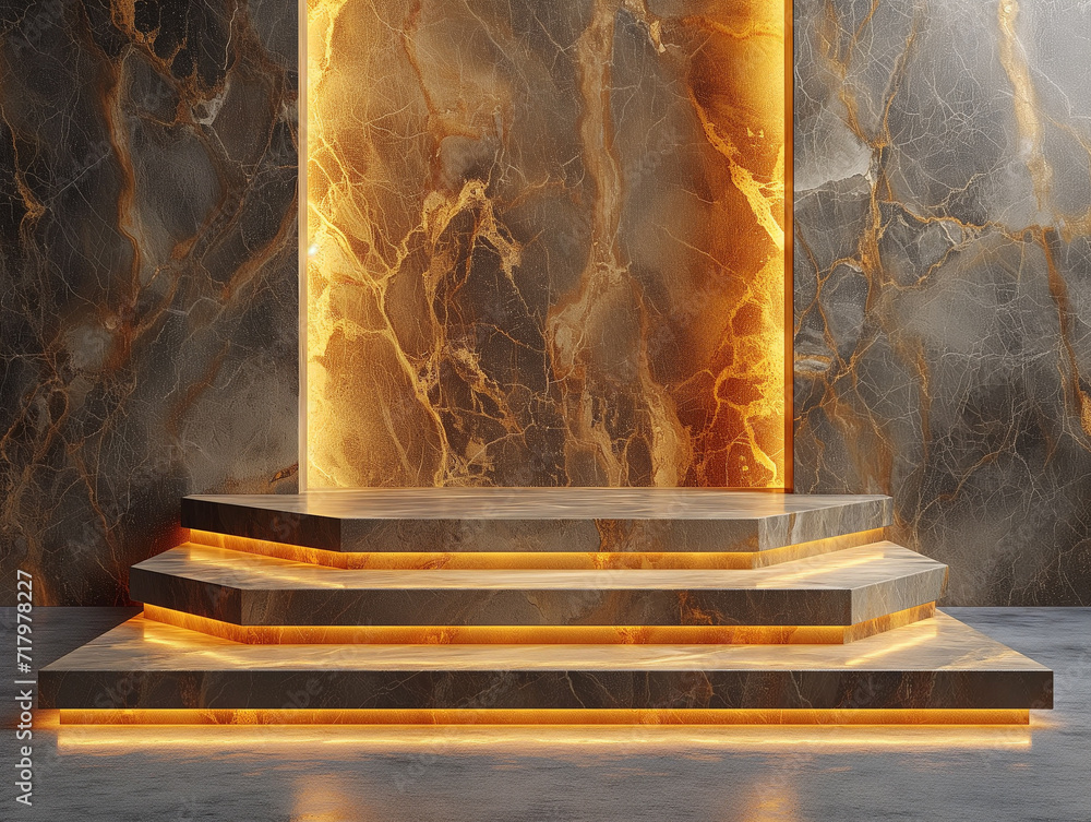 Poster 3d empty product display podium designed for presentations. a high-end display podium featuring gold