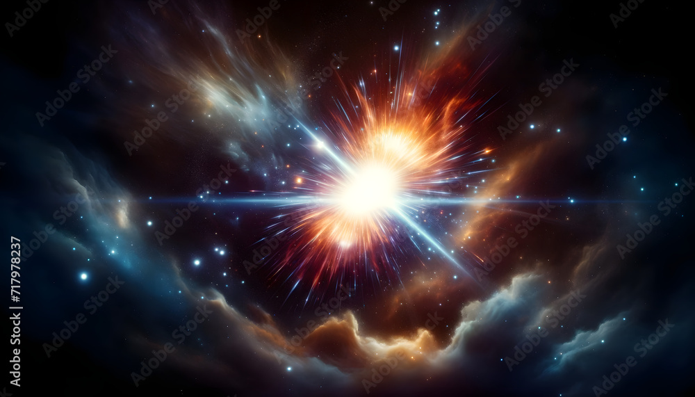 Poster two stars in the universe colliding. the scene should capture the dynamic and powerful