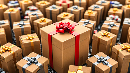 Fototapeta premium Festive Gift Boxes with Ribbons: Holiday Celebration and Surprises with Colorful Presents