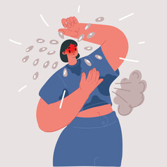 Obraz premium Vector illustration of woman feels the symptoms of menopause. She feels bad because of menopause. Hot flashes, sweating, dizziness, irritability. Menopause concept. \