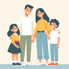 Vector image of happy family. Father, mother, son and daughter together. Flat style design 