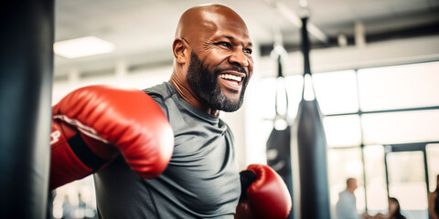 middle-aged man practicing boxing at the gym with blurred background