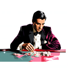 Croupier dealing cards at a texas hold'em table isolated on white background, pop-art, png

