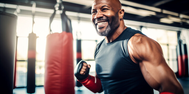 middle-aged man practicing boxing at the gym with blurred background