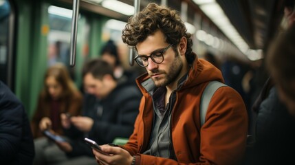 Stylish Young Man Engrossed in Smartphone on Busy Metro, Everyday Urban Commute
